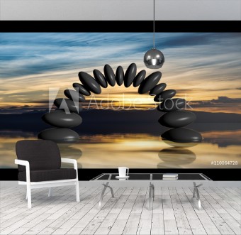 Bild på 3D rendering of balancing stones forming an arch in water with sunset sky and peaceful landscape